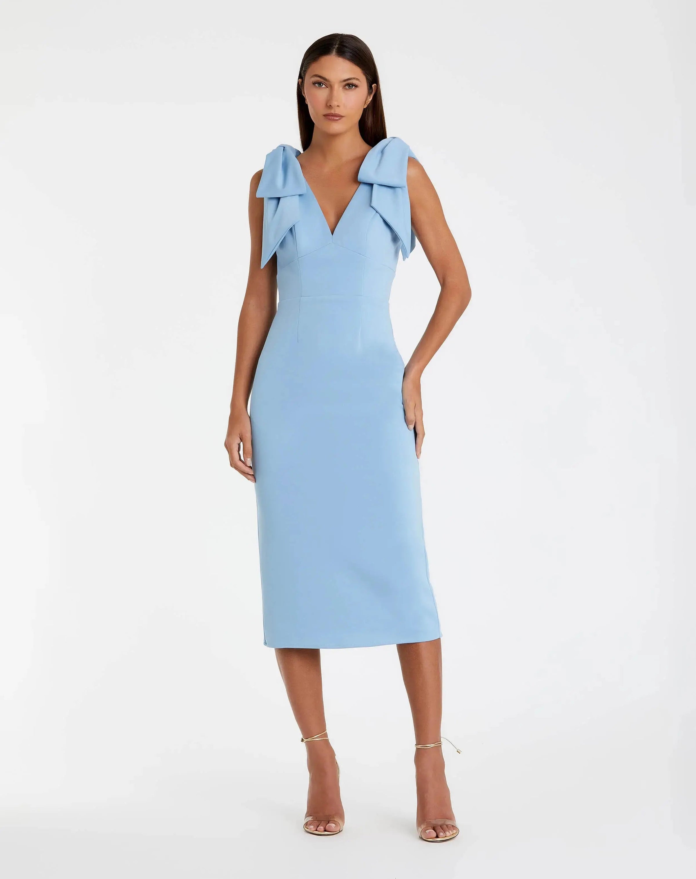 Mac Duggal #49954 powder blue bow strap crepe fitted midi dress