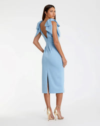 Mac Duggal #49954 powder blue bow strap crepe fitted midi dress