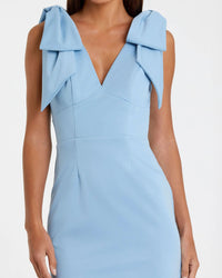 Mac Duggal #49954 powder blue bow strap crepe fitted midi dress