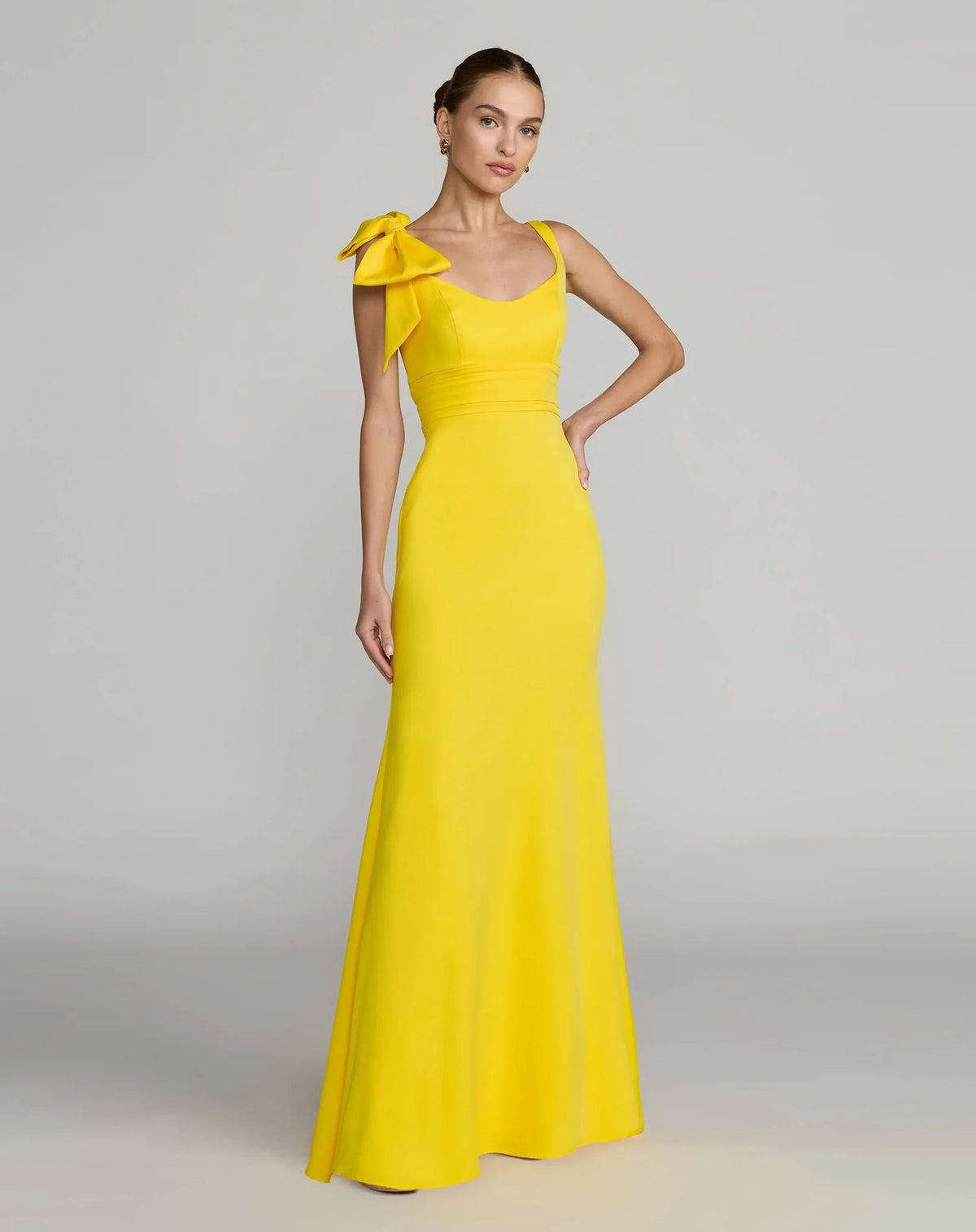 Mac Duggal Yellow Scoop Neck Trumpet Gown with Bow Detail #49964