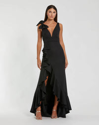 Mac Duggal #49965 black sleeveless ruffled v-neck gown with bow