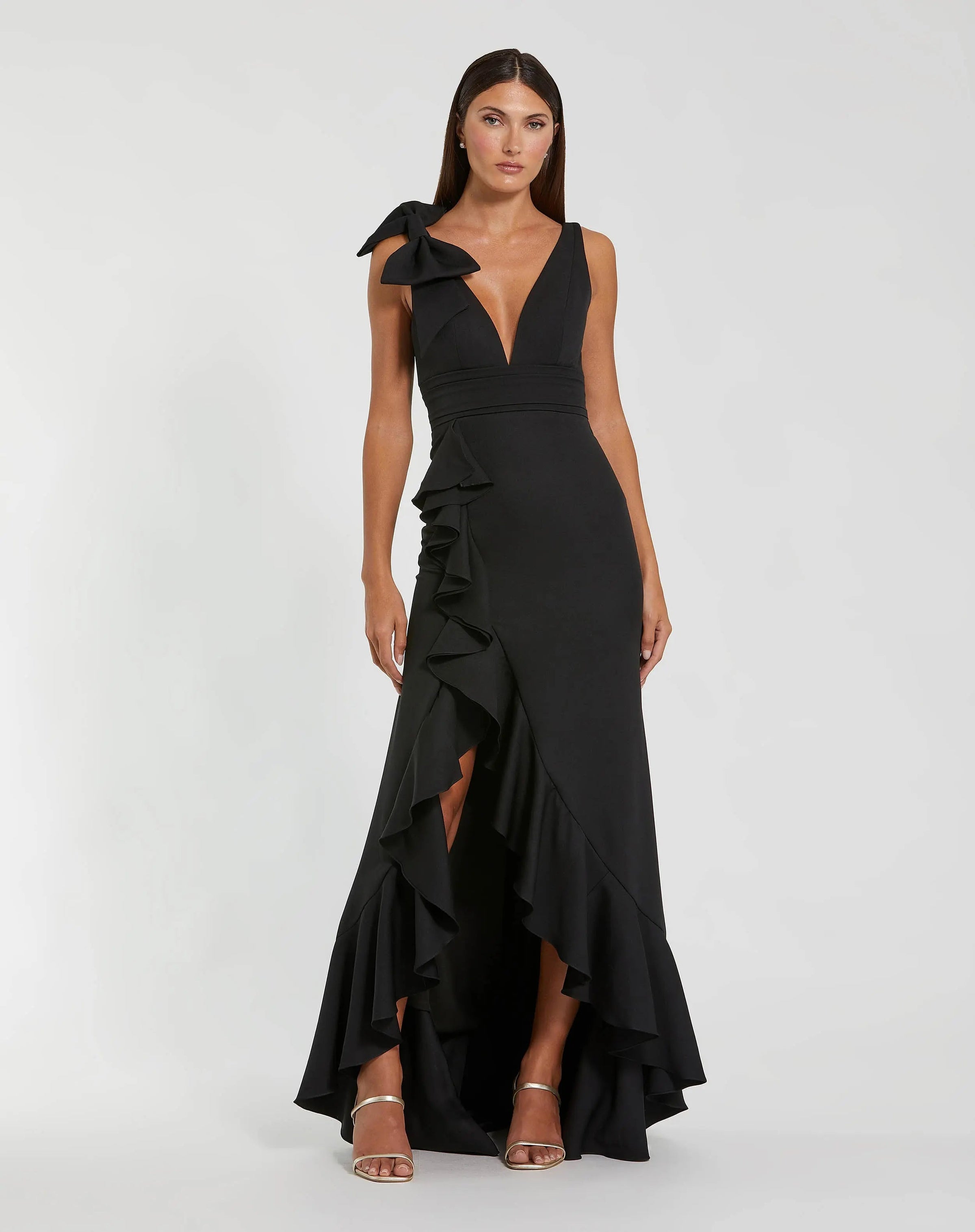 Mac Duggal #49965 black sleeveless ruffled v-neck gown with bow
