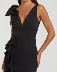 Mac Duggal #49965 black sleeveless ruffled v-neck gown with bow