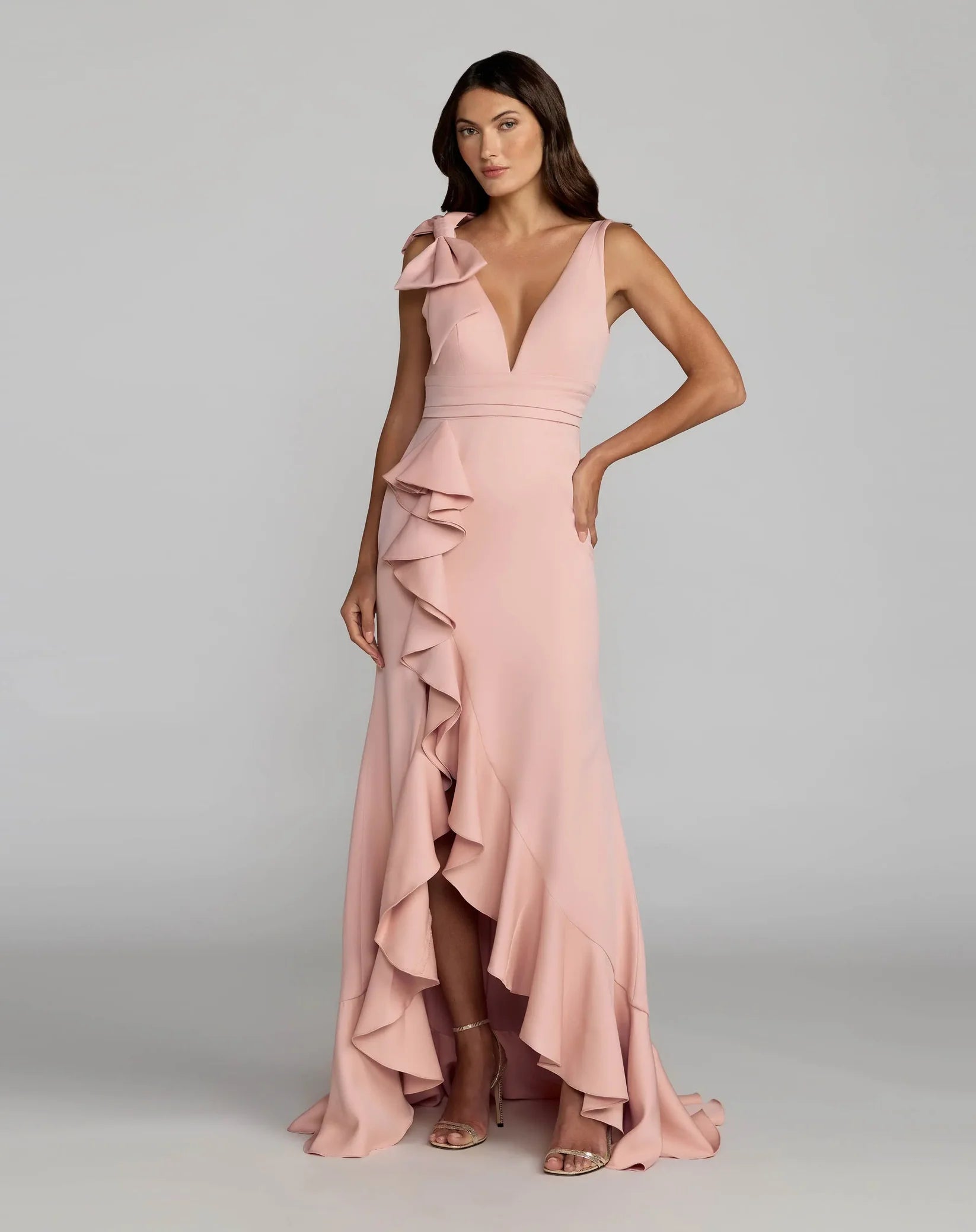 Mac Duggal Blush Crepe V Neck Sleeveless Gown With Bow #49965