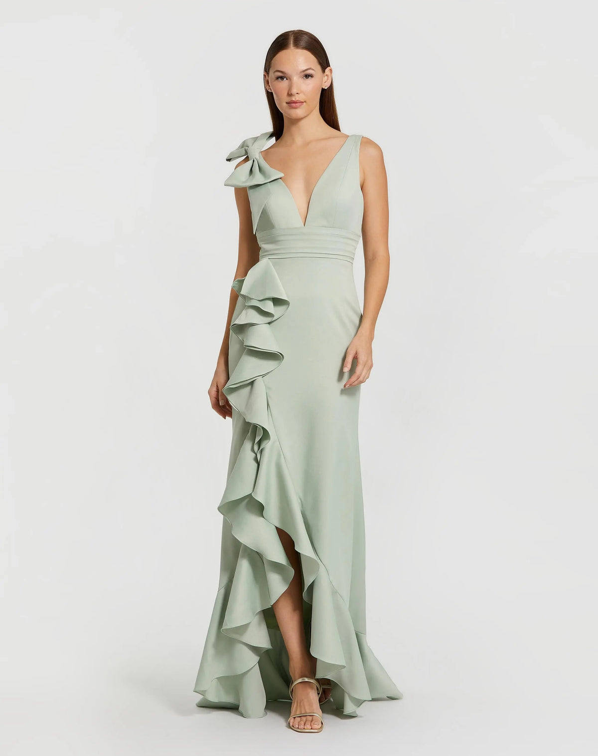 Mac Duggal #49965 sage ruffle trumpet gown with bow