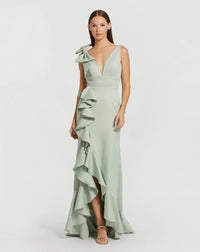 Mac Duggal #49965 sage ruffle trumpet gown with bow