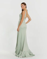Mac Duggal #49965 sage ruffle trumpet gown with bow