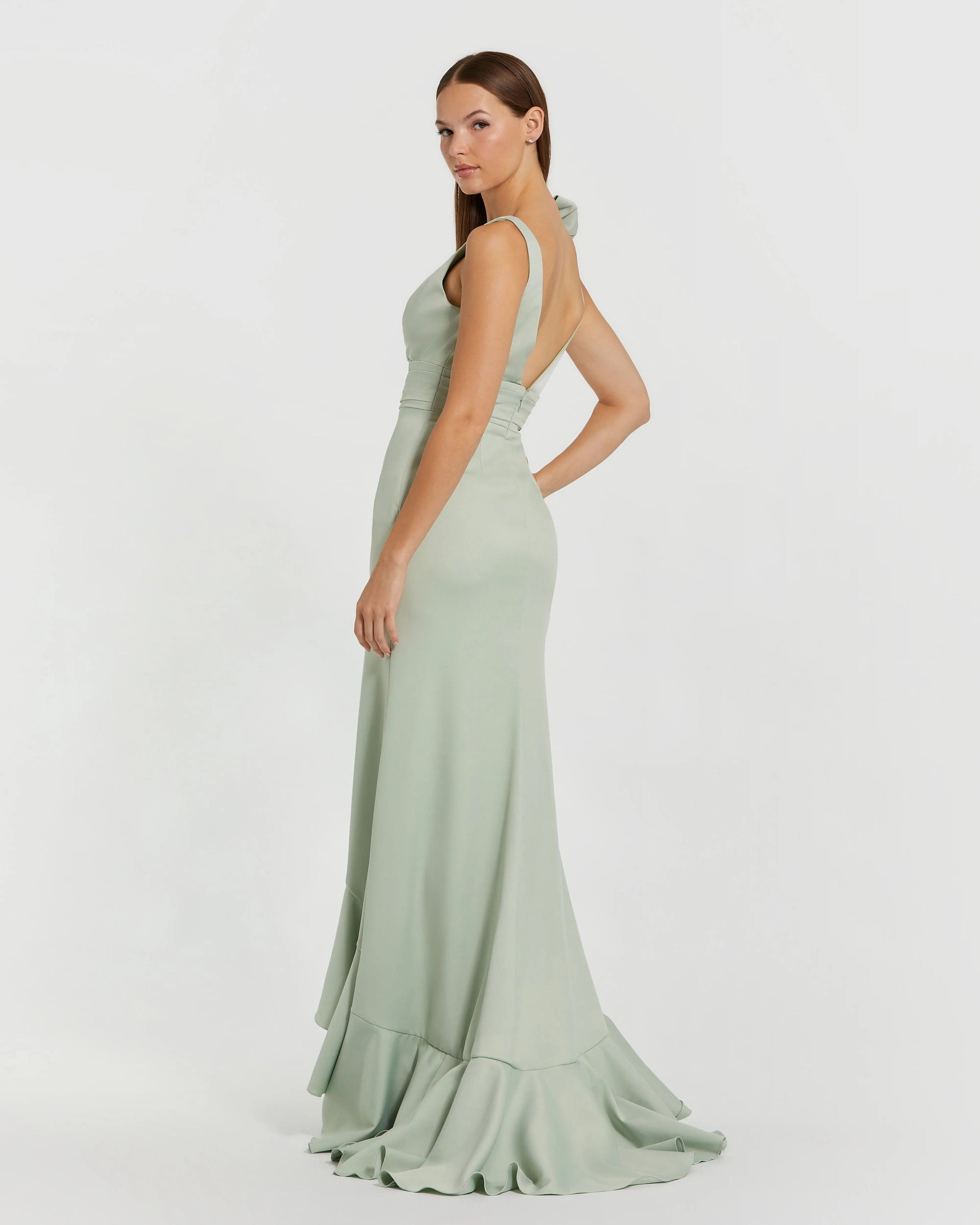 Mac Duggal #49965 sage ruffle trumpet gown with bow