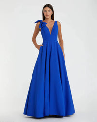 Mac Duggal #49972 cobalt sleeveless plunge neck ball gown with bow detail