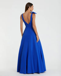 Mac Duggal #49972 cobalt sleeveless plunge neck ball gown with bow detail