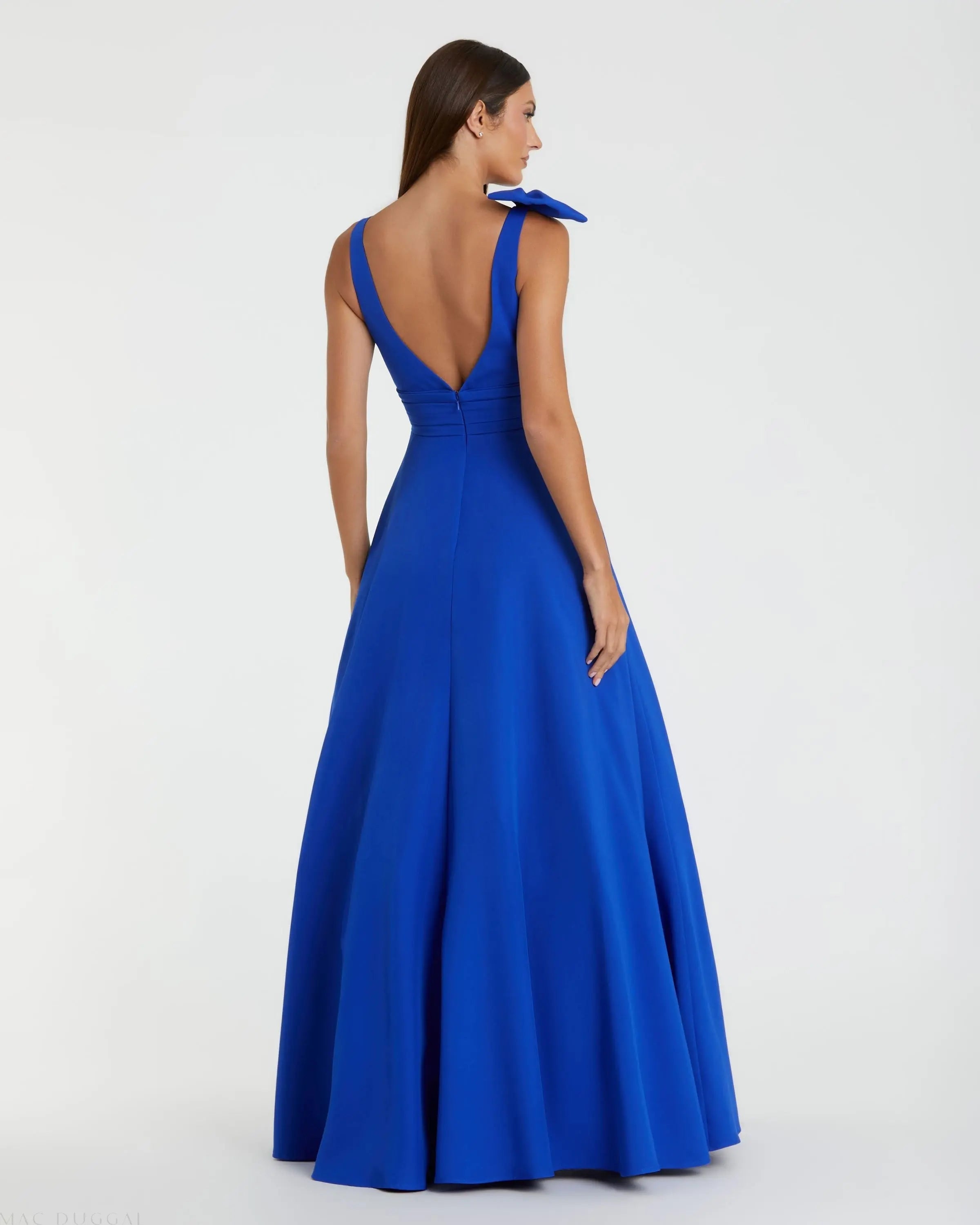 Mac Duggal #49972 cobalt sleeveless plunge neck ball gown with bow detail