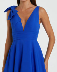 Mac Duggal #49972 cobalt sleeveless plunge neck ball gown with bow detail