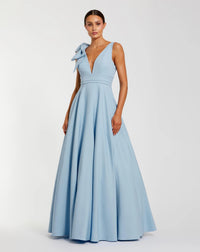 Mac Duggal #49972 powder blue sleeveless plunge neck ball gown with bow detail
