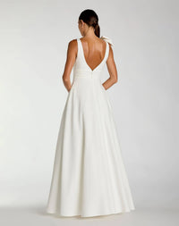 Mac Duggal #49972 white sleeveless plunge neck ball gown with bow detail