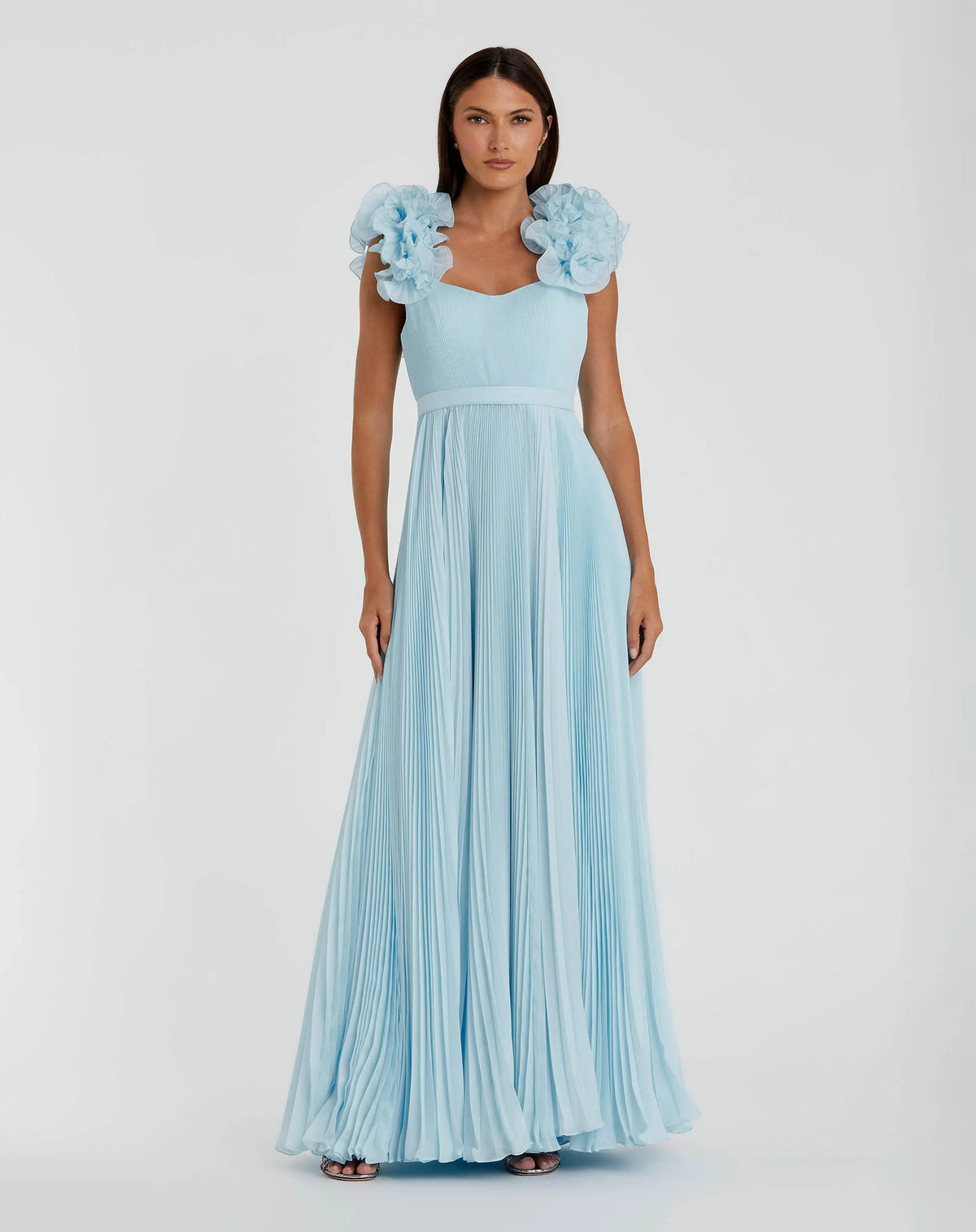 Mac Duggal 49979 Powder Blue pleated organza gown with ruffle straps - Front