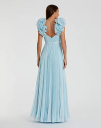 Mac Duggal 49979 Powder Blue pleated organza gown with ruffle straps - Back view