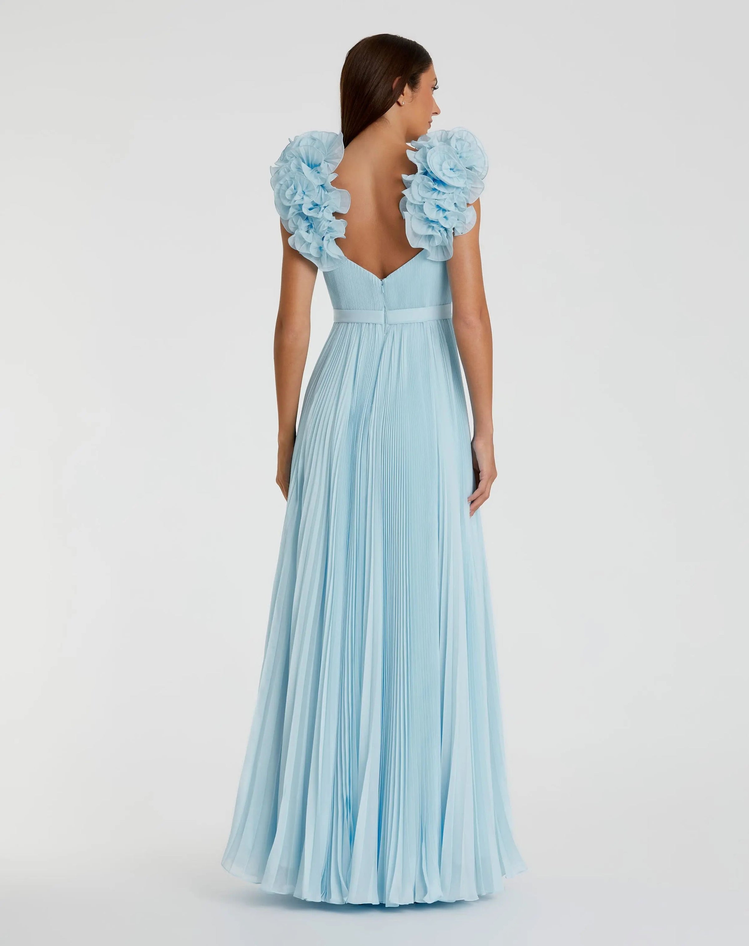 Mac Duggal 49979 Powder Blue pleated organza gown with ruffle straps - Back view