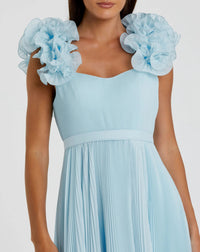 Mac Duggal 49979 Powder Blue pleated organza gown with ruffle straps - Close up detail