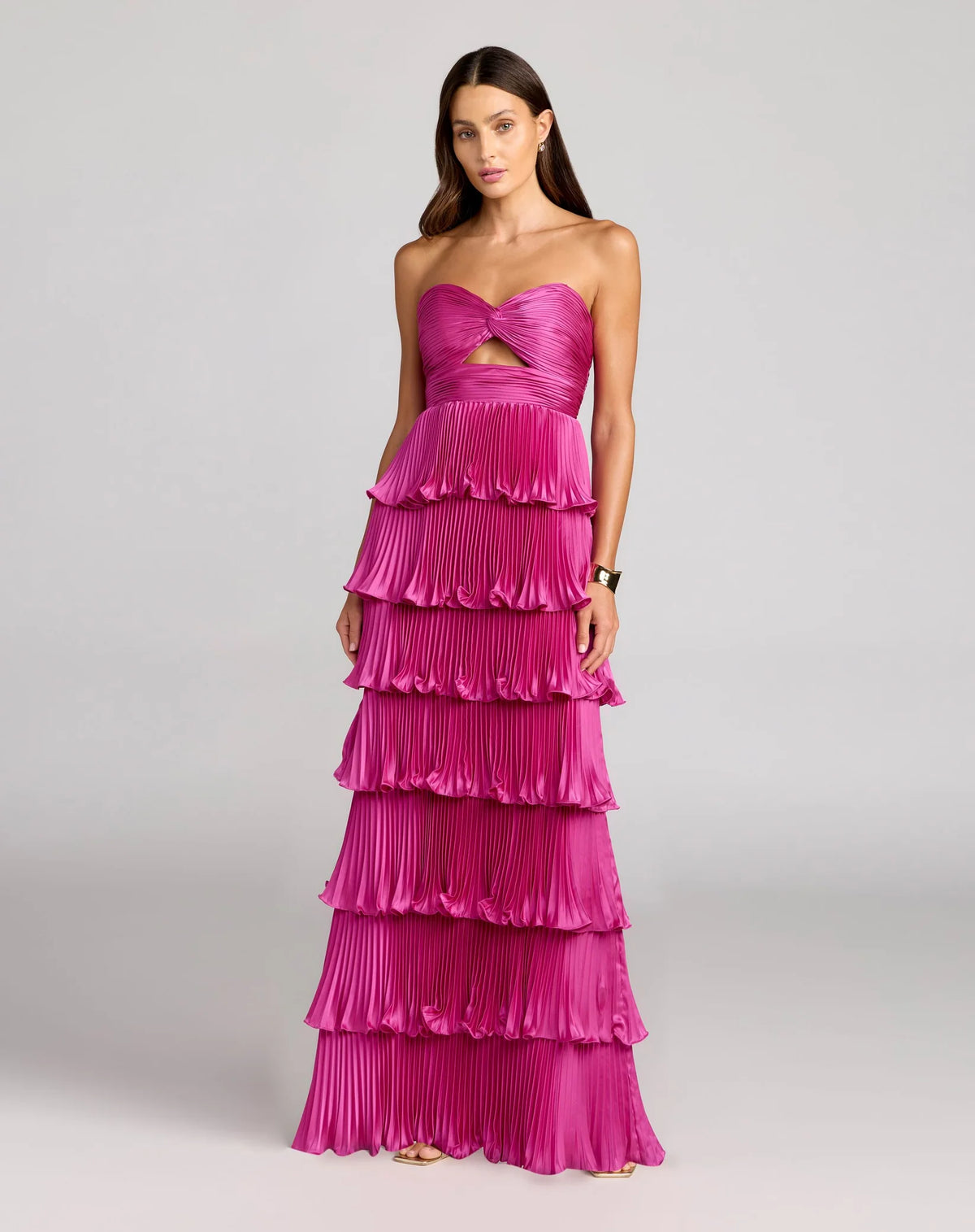 Mac Duggal Fuchsia Pleated Charmeuse Strapless Tiered Ruffle Gown #49981 