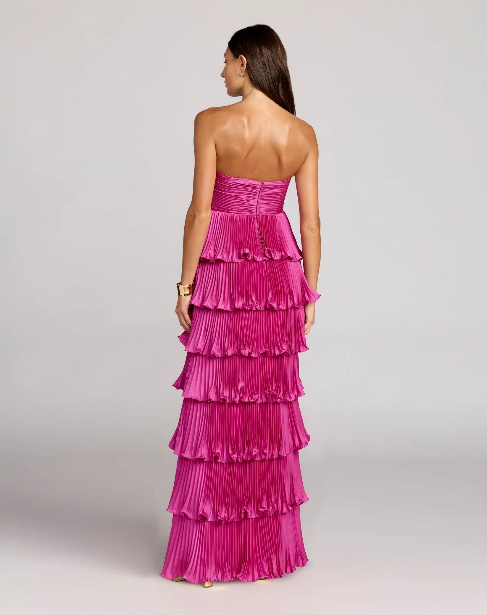 Mac Duggal Fuchsia Pleated Charmeuse Strapless Tiered Ruffle Gown #49981 