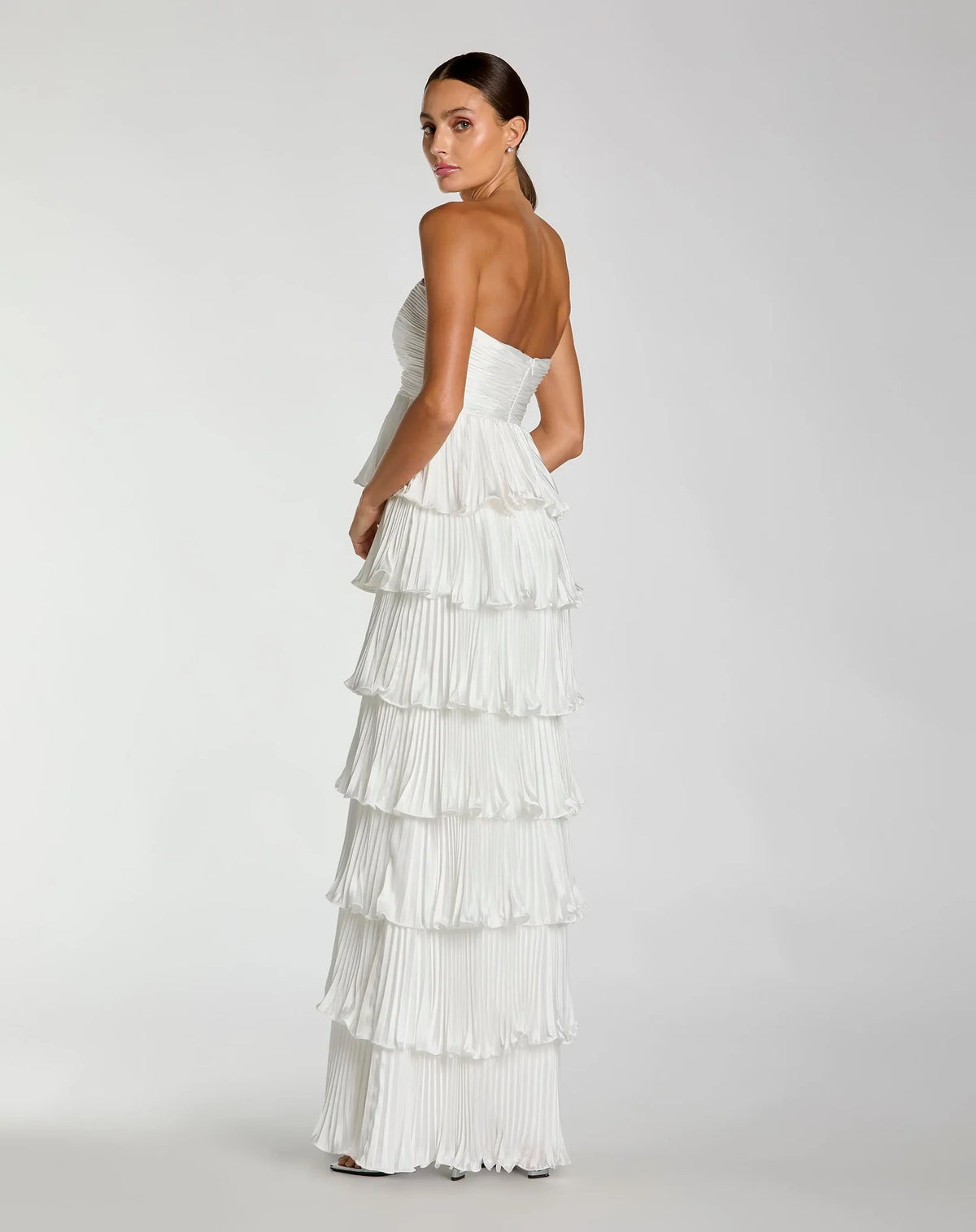 Mac Duggal White Pleated Charmeuse Strapless Tiered Ruffle Gown #49981 