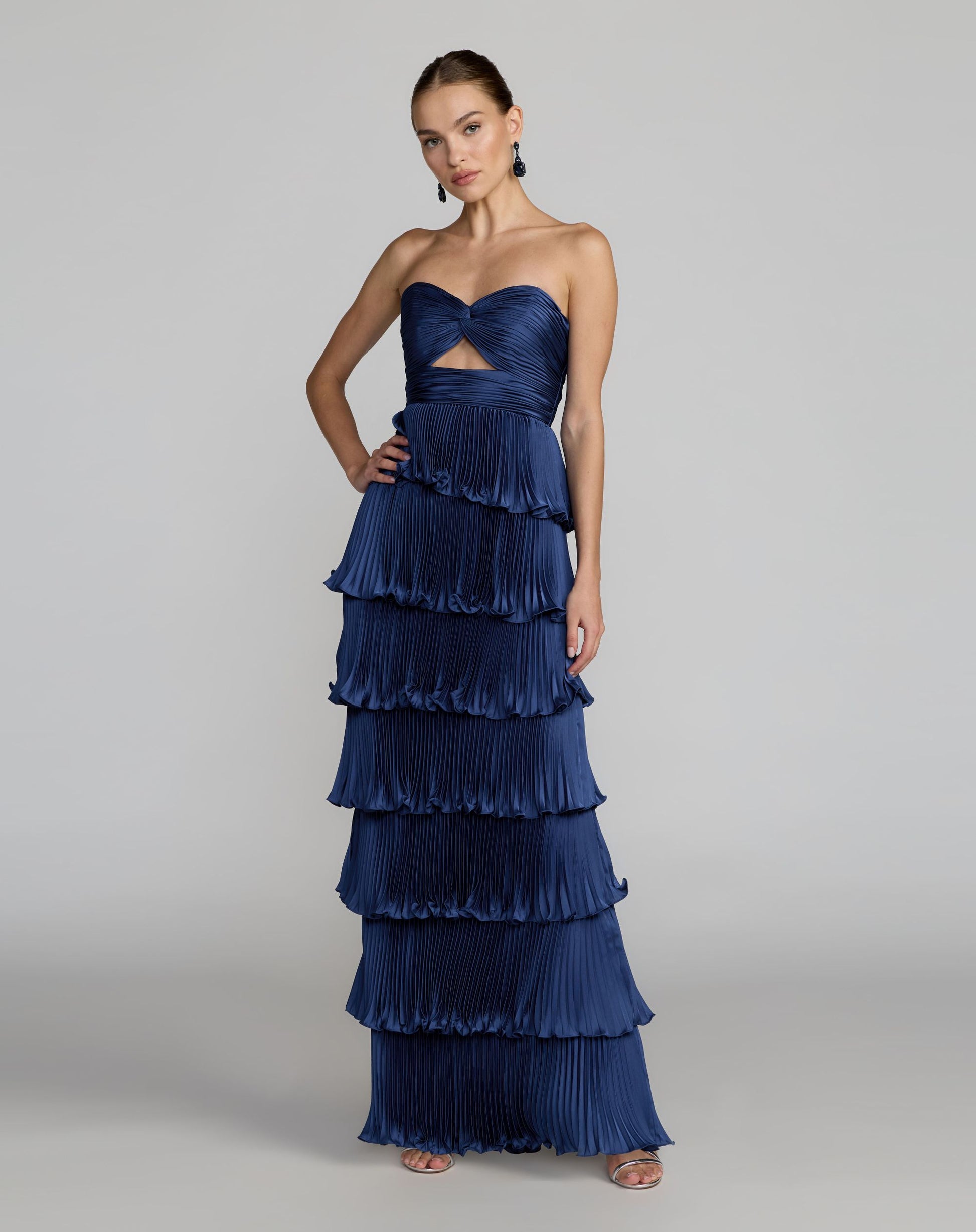 Mac Duggal #49981 navy pleated charmeuse tiered ruffle gown