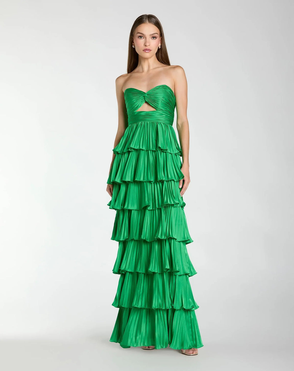 Mac Duggal Spring Green Pleated Charmeuse Strapless Tiered Ruffle Gown #49981 