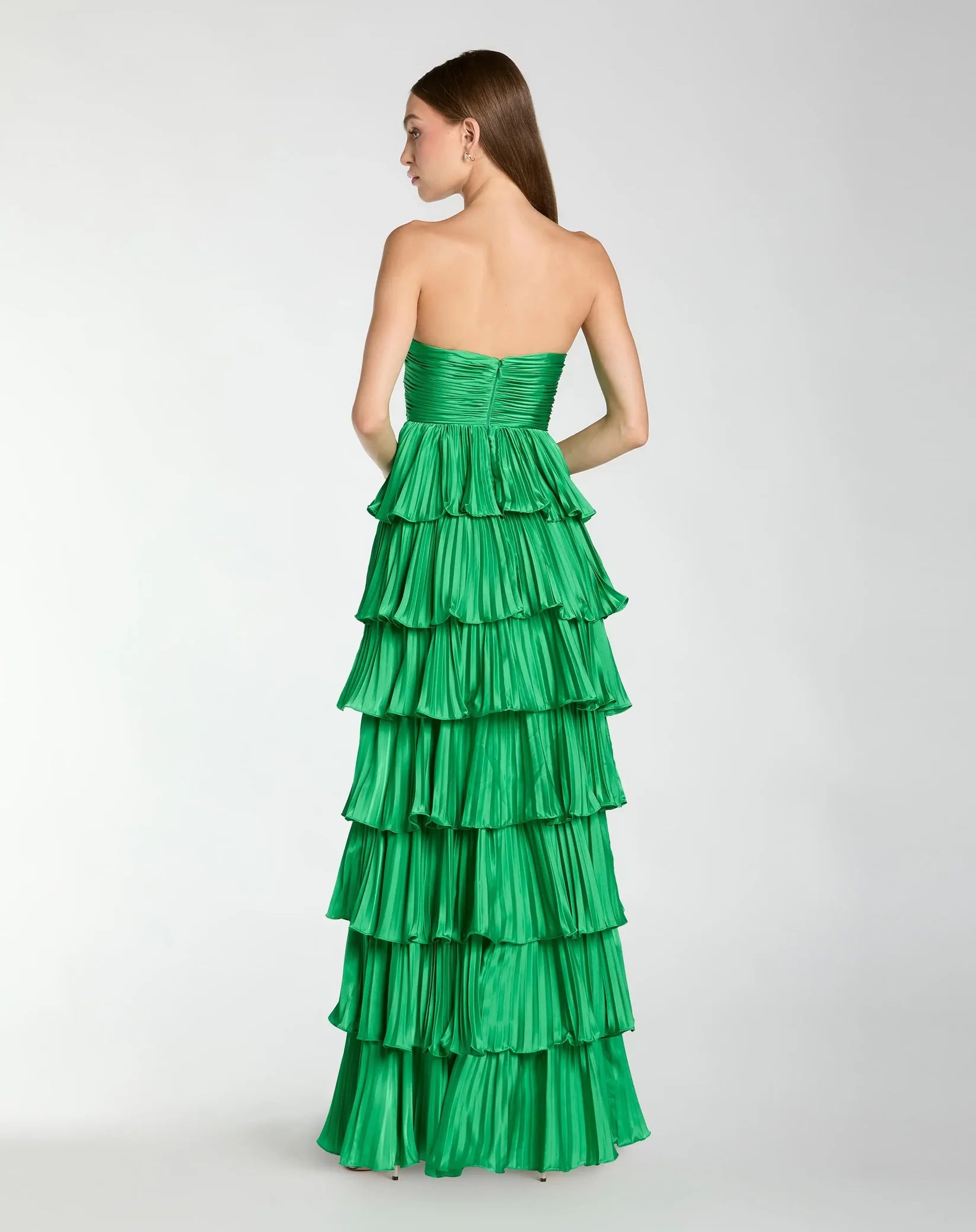 Mac Duggal Spring Green Pleated Charmeuse Strapless Tiered Ruffle Gown #49981 