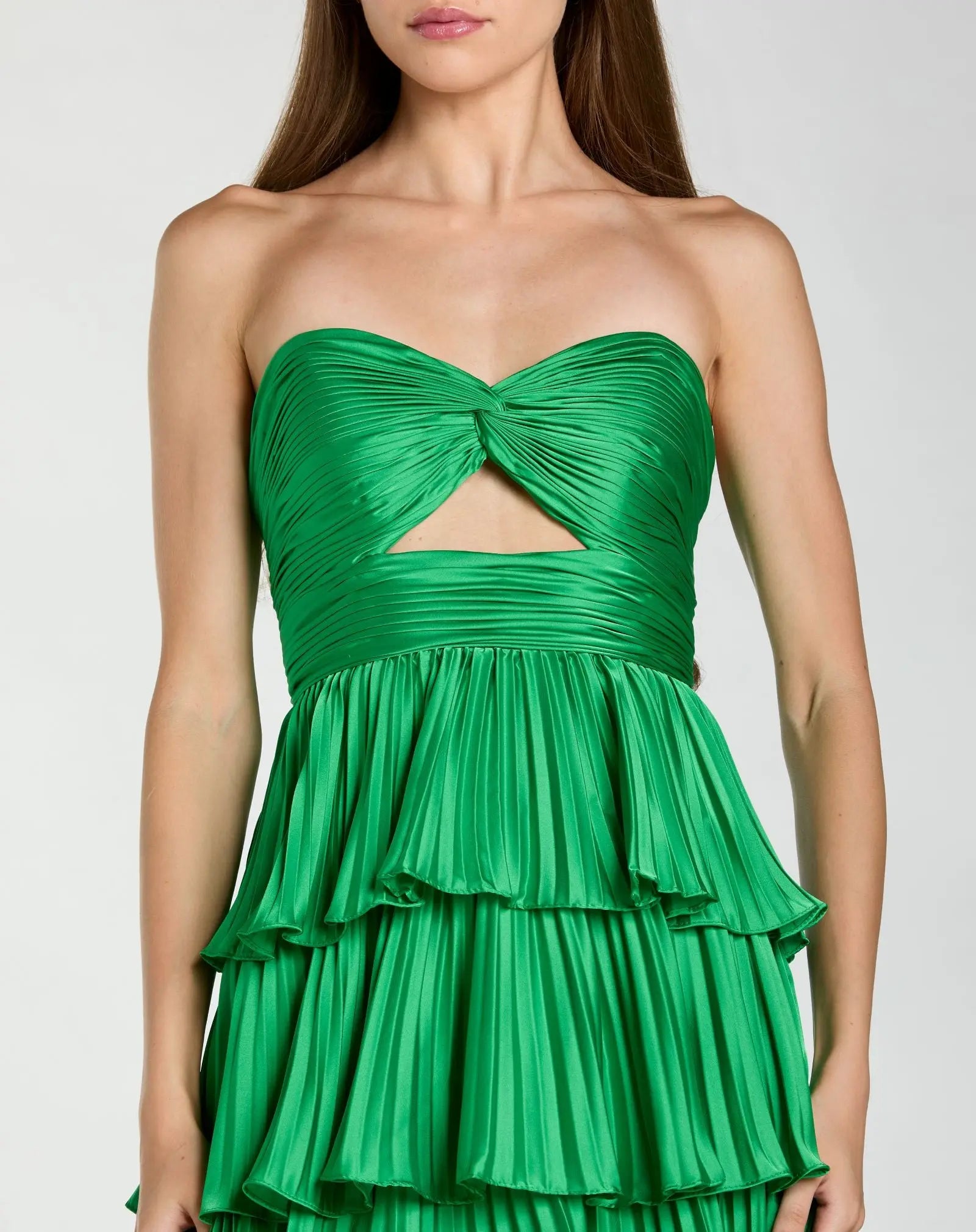 Mac Duggal Spring Green Pleated Charmeuse Strapless Tiered Ruffle Gown #49981 