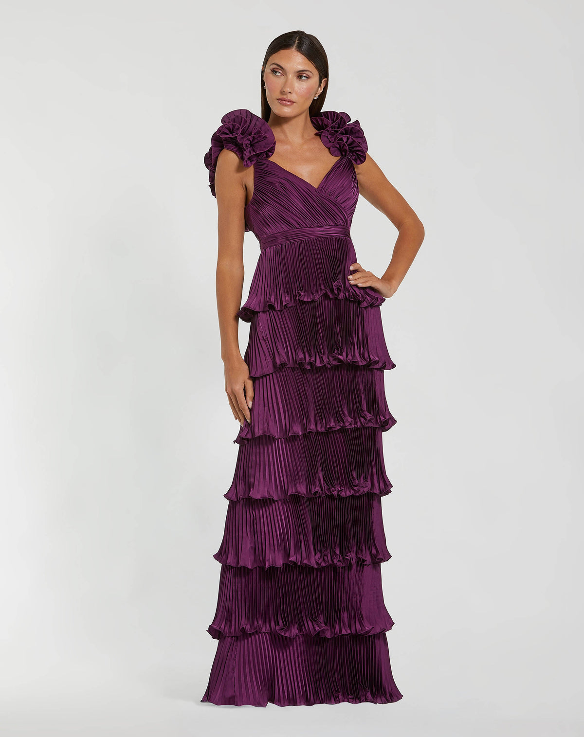 Mac Duggal #49983 Aubergine pleated charmeuse tiered gown with ruffle straps