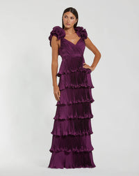 Mac Duggal #49983 Aubergine pleated charmeuse tiered gown with ruffle straps