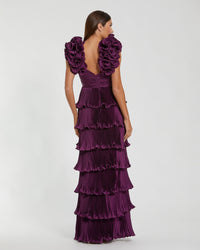Mac Duggal #49983 Aubergine pleated charmeuse tiered gown with ruffle straps
