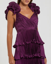 Mac Duggal #49983 Aubergine pleated charmeuse tiered gown with ruffle straps