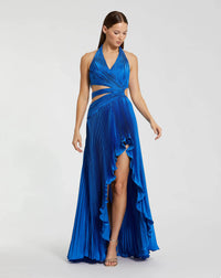 Mac Duggal 49995 Cobalt pleated charmeuse halter cutout gown