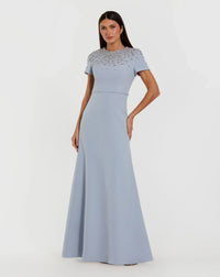 Mac Duggal 50038 Powder Blue short sleeve beaded high neck crepe gown - front