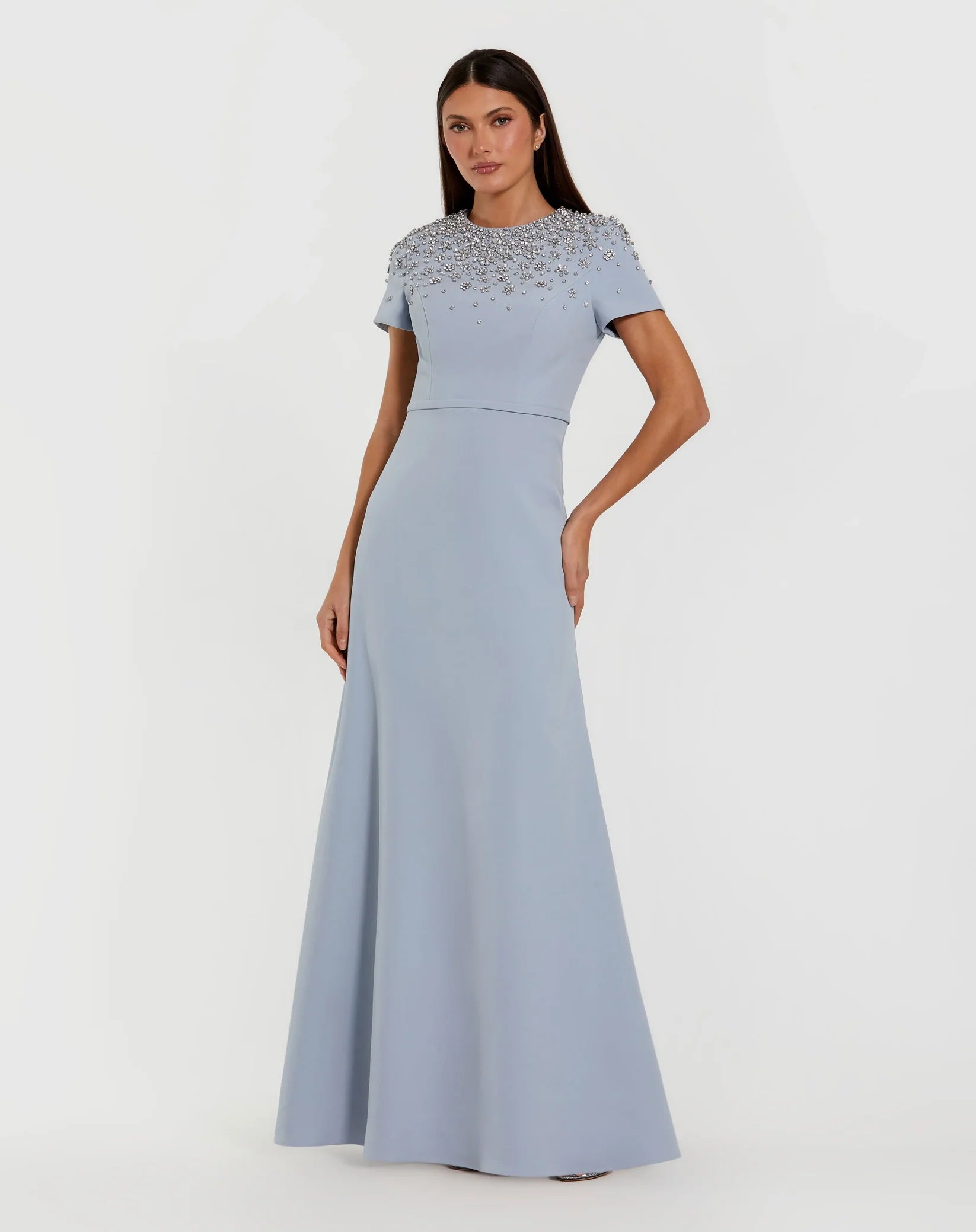 Mac Duggal 50038 Powder Blue short sleeve beaded high neck crepe gown - front