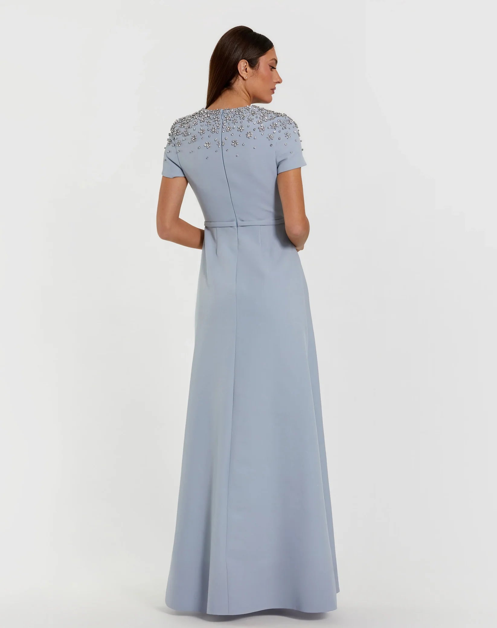 Mac Duggal 50038 Powder Blue short sleeve beaded high neck crepe gown - back