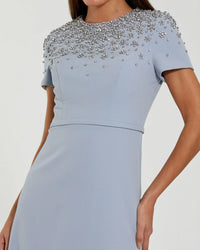 Mac Duggal 50038 Powder Blue short sleeve beaded high neck crepe gown - detail