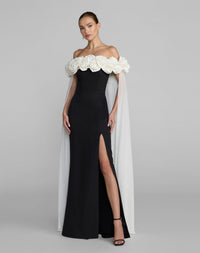 Mac Duggal 50041 Black Ivory off the shoulder crepe gown with chiffon cape - Front