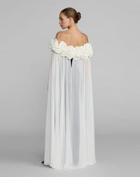 Mac Duggal 50041 Black Ivory off the shoulder crepe gown with chiffon cape - Back view