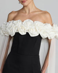 Mac Duggal 50041 Black Ivory off the shoulder crepe gown with chiffon cape - Close up detail