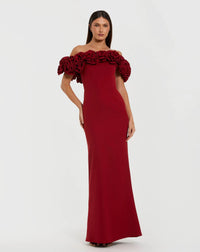 Mac Duggal Red Crepe Off The Shoulder Column Gown With 3D Roses #50042