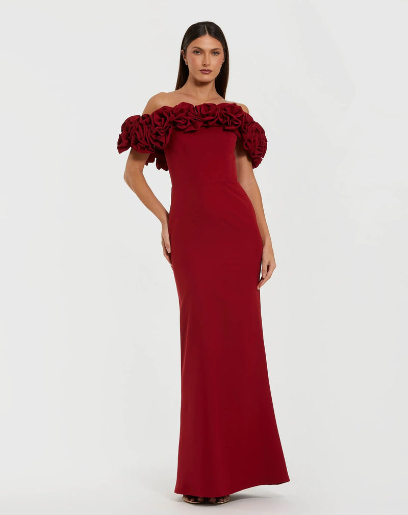 Mac Duggal Red Crepe Off The Shoulder Column Gown With 3D Roses #50042