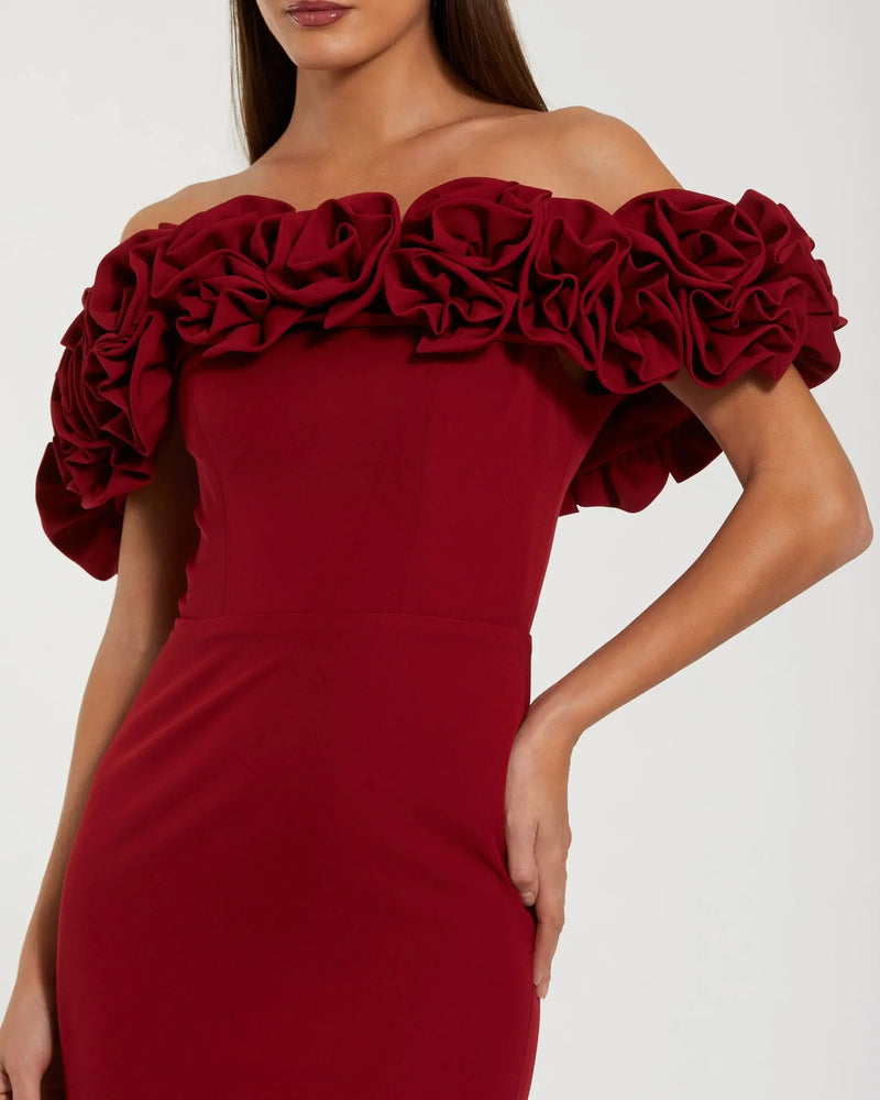 Crepe Off The Shoulder Column Gown With Roses - Red