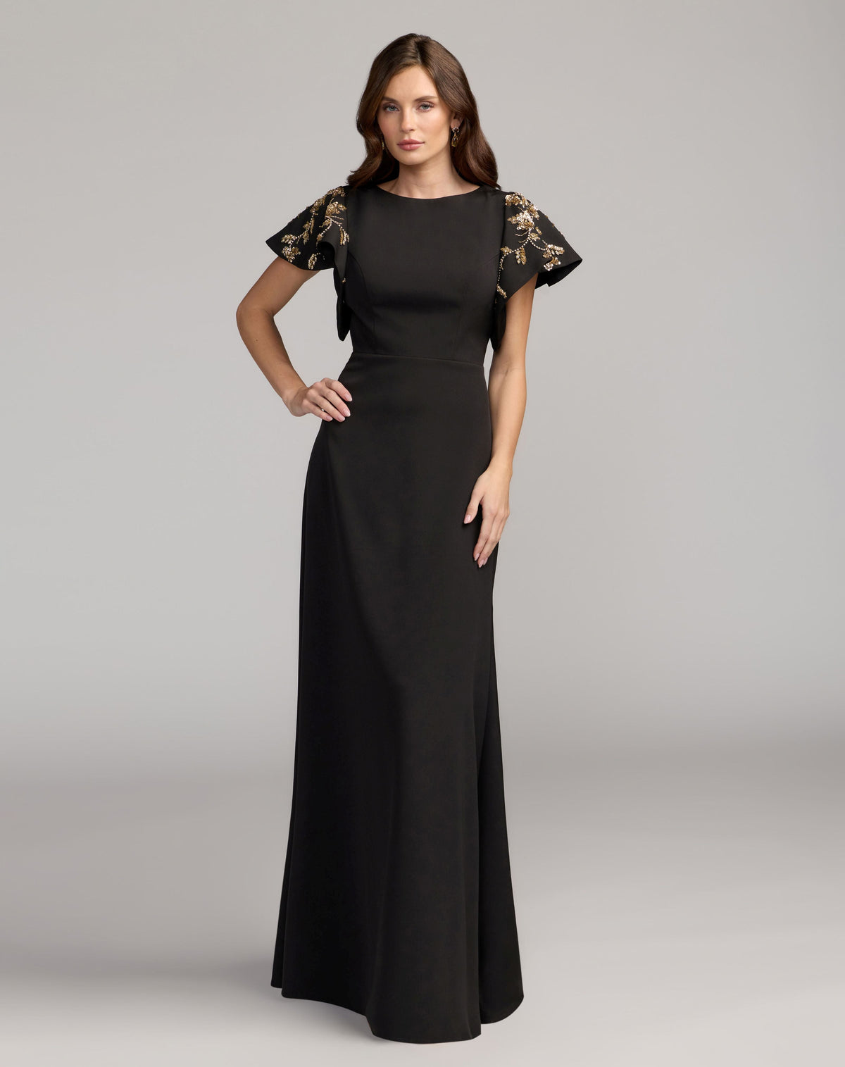 Mac Duggal #50045 black gold embellished flutter sleeve crepe gown