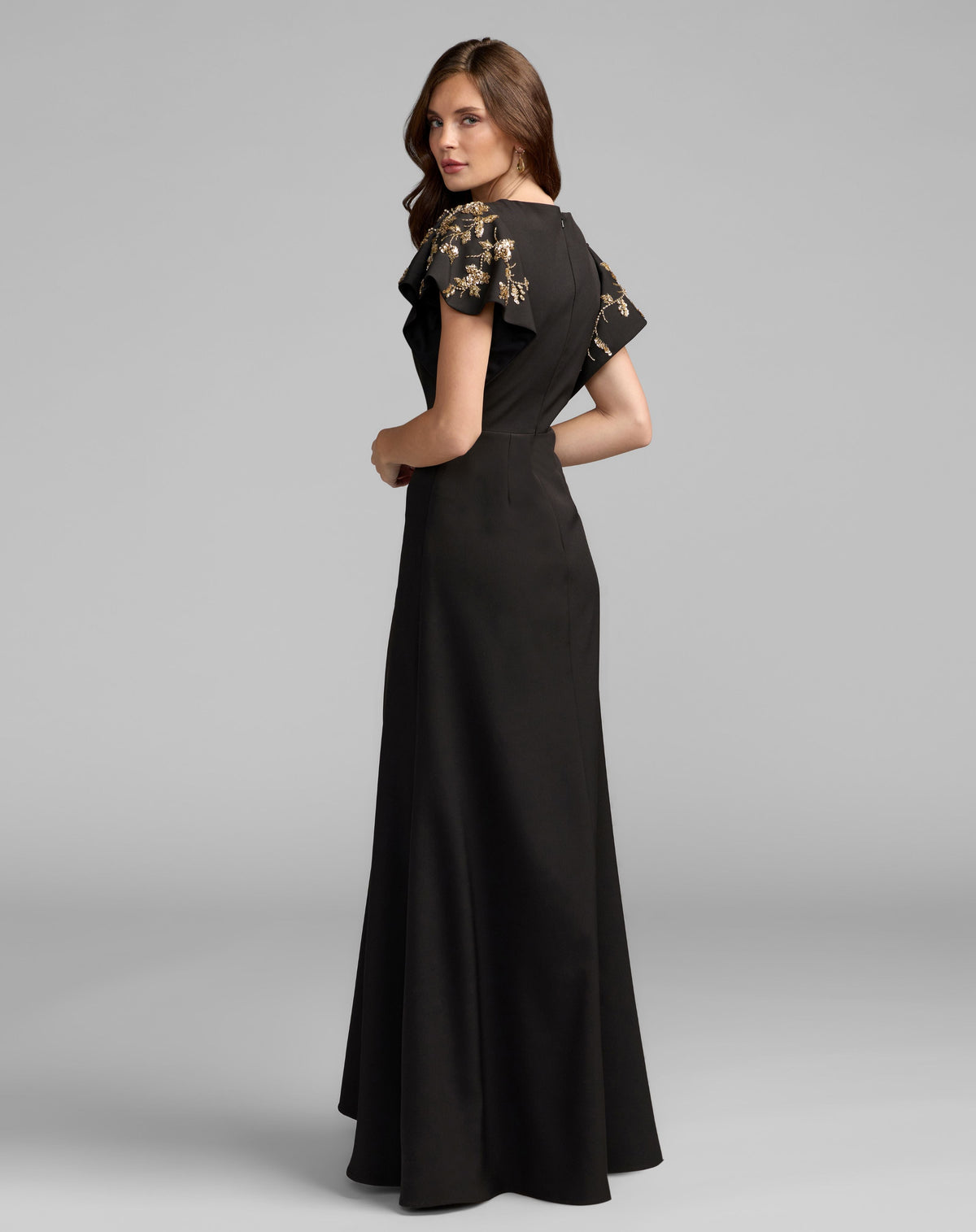 Mac Duggal #50045 black gold crepe gown back view