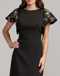 Mac Duggal #50045 black gold embellished flutter sleeve close-up