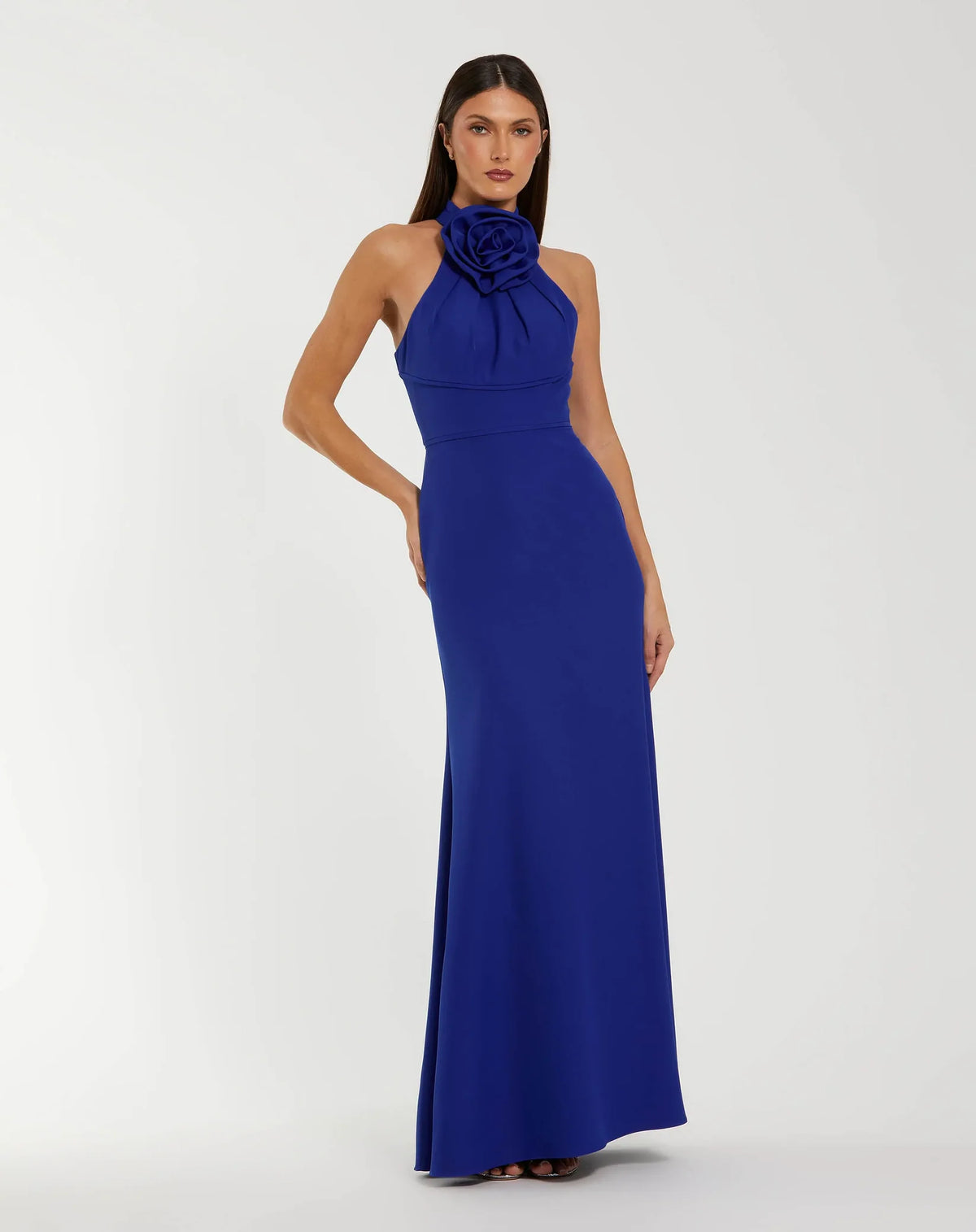 Mac Duggal Blue Sleeveless Halter Neck Gown with Rosette Detail #50053 Cobalt Blue