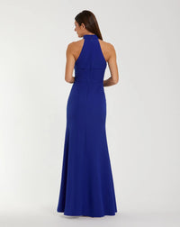 Sleeveless Halter Neck Gown with Rose Detail - Cobalt