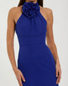 Sleeveless Halter Neck Gown with Rose Detail - Cobalt